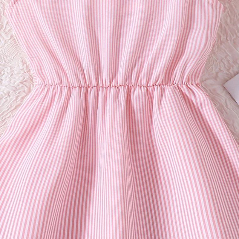 Girl Dress Summer New Light Blue Stripe Ruffled Sleeveless V-Neck Dress Elegant Cute Daily Casual Vacation Preppy Style Outifits