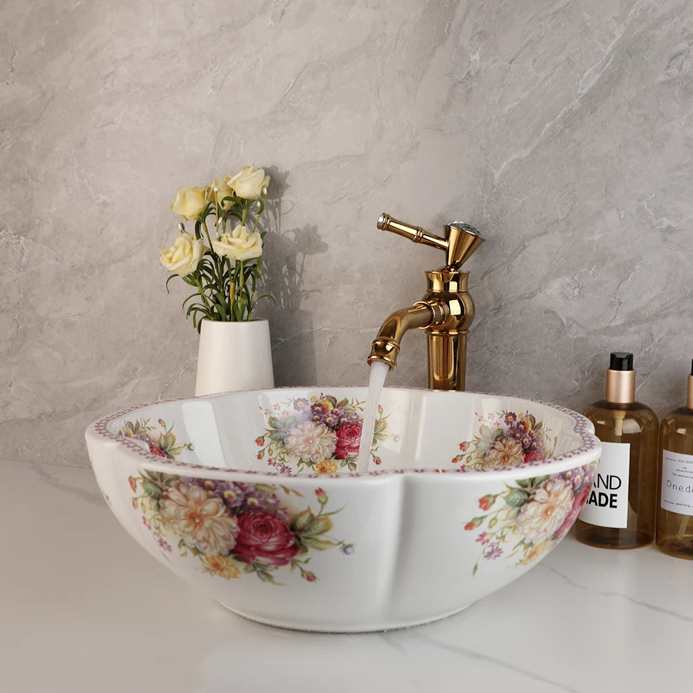 ZAPPO Above Counter Ceramic Vessel Sink For Bathroom Round Petal Shaped Flower & Bird Pattern Wash Basin Bowl Sinks With Faucet