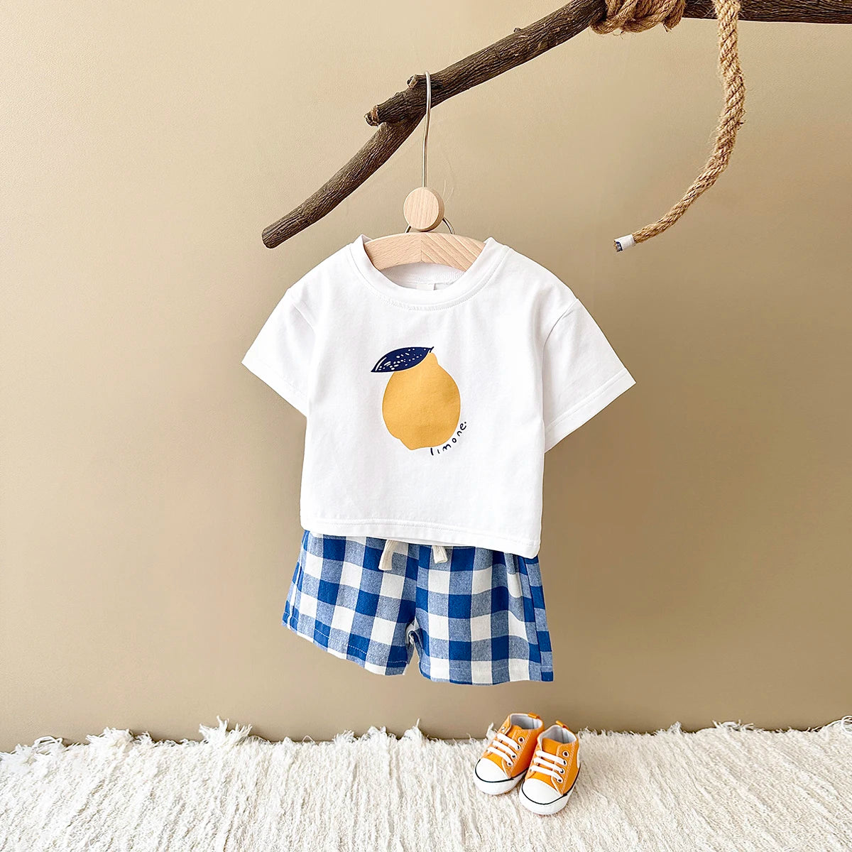 2PCS Summer Baby Boys Girls Clothes Set Lemon Print T-shirt+Checkered Shorts Beach Infant Toddler Outfit Suit 0-3Y