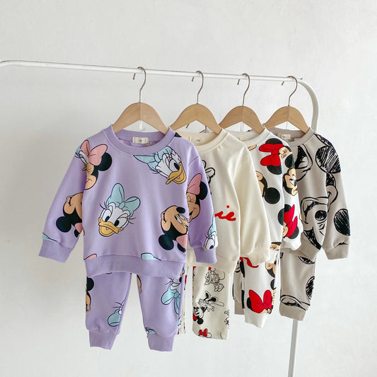 Full-print Disney Cartoon Long Sleeve Sweatshirts Set Popular Design Loose Fashion Hoodie + Sweatpants 2pc/set Kids Clothing