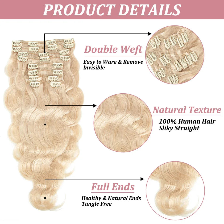 Body Wave Clip In Human Hair Extensions Brazilian 100% Remy Human Hair 10Pcs Clip In Hair Extensions For Women Full Head Clips