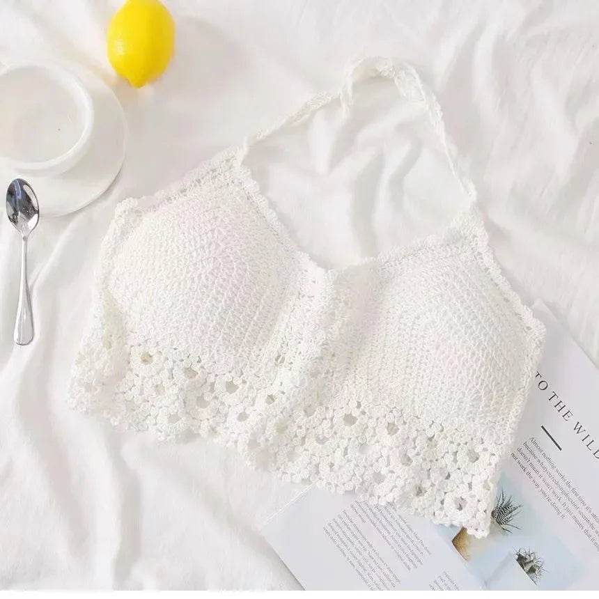 Women Beach Crop Tops Hollow Cover-Ups Perspective Tassel Sexy Spaghetti Strap Swinwear Built In Bra Backlless Halter Neck - AIAZ