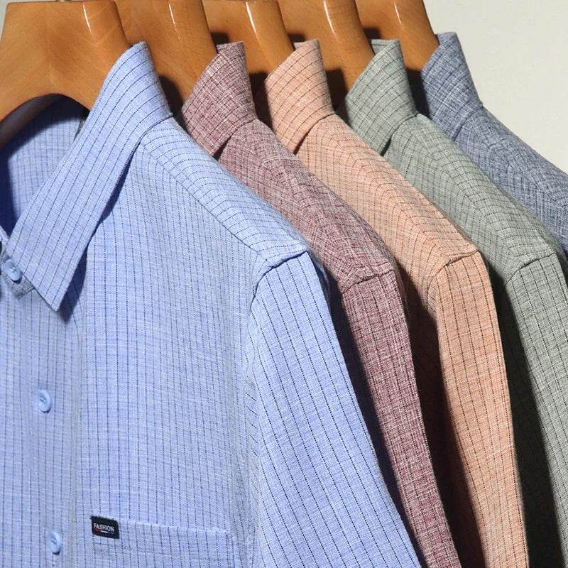 2025 Men's Business Casual Plaid Linen Short Sleeved Shirt Comfortable Top - AIAZ