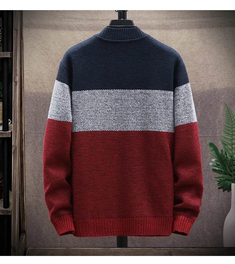 Autumn Winter Cardigan Sweater Men Fleece Zipper Sweaters Velvet Contrast Striped Sweater Coats Casual Jackets - AIAZ