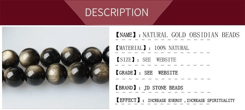 Natural Stone Golden Black Obsidian Bead Shinny Round Loose Gemstone Bead for Jewelry Making Diy Bracelet Necklace Accessory 15"
