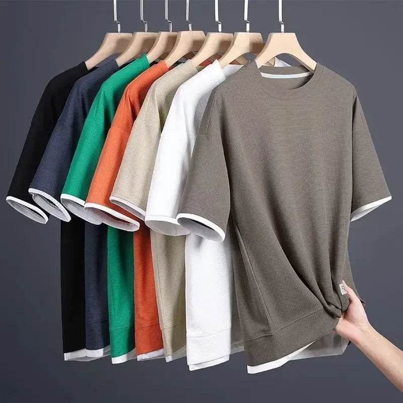 2025Men Summer Fashion Waffle Fake Two Pieces Top Short Sleeve T-shirt Male Comfortable Casual Breathable Quick DryTshirts Tee - AIAZ