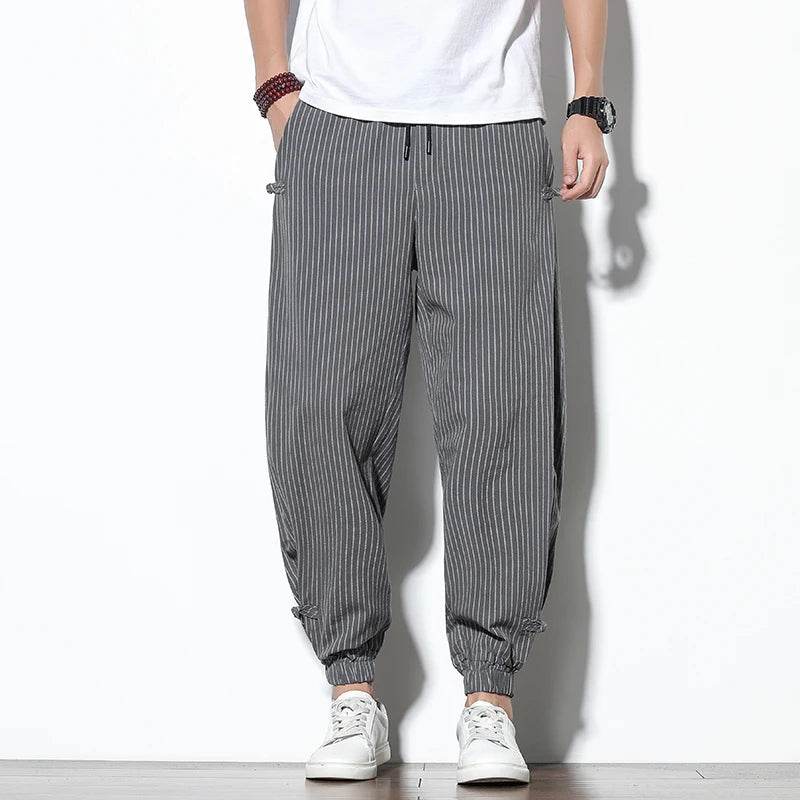 Four Seasons Men Disc Buckle Striped Harem Pants Breathable Cotton Linen Pencil Pants Buckle Casual Bloomers Fashion Trousers - AIAZ