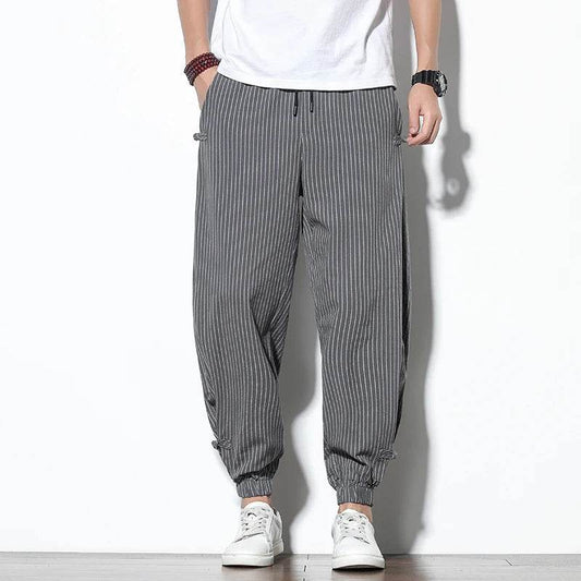 Four Seasons Men Disc Buckle Striped Harem Pants Breathable Cotton Linen Pencil Pants Buckle Casual Bloomers Fashion Trousers - AIAZ