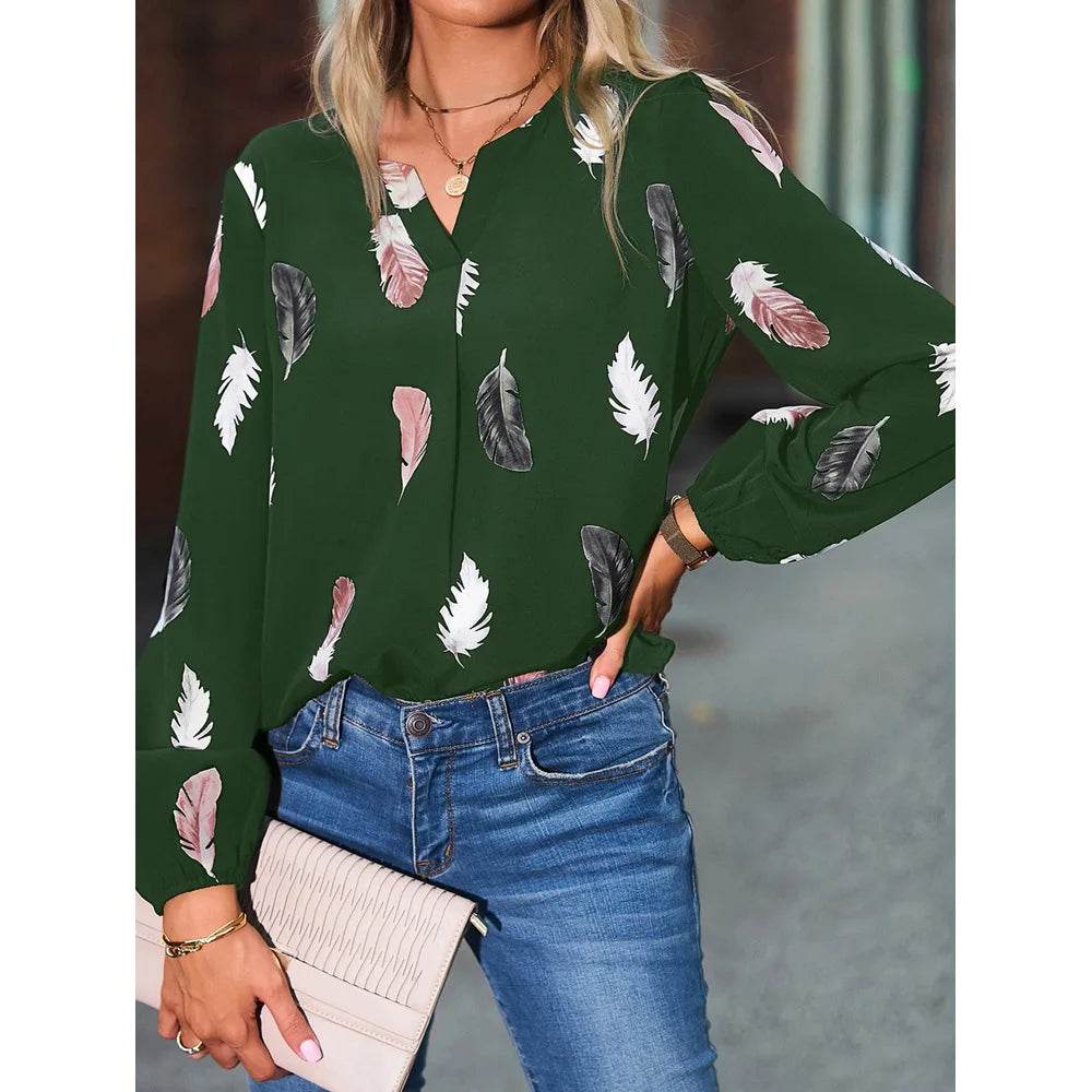 Fashion Woman Blouse Shirts For Women Stylish Top long Sleeve Feather Pattern Female Tops Elegant Chiffon Mujer Woman Clothes - AIAZ