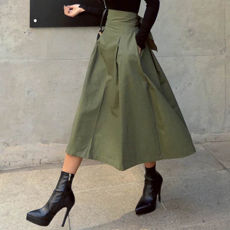Shintimes Skirts Womens 2024 Korean Fashion Solid Color Big Swing Women Skirt Long Skirt Autumn Wild High Waist Bow Slim Skirts - AIAZ