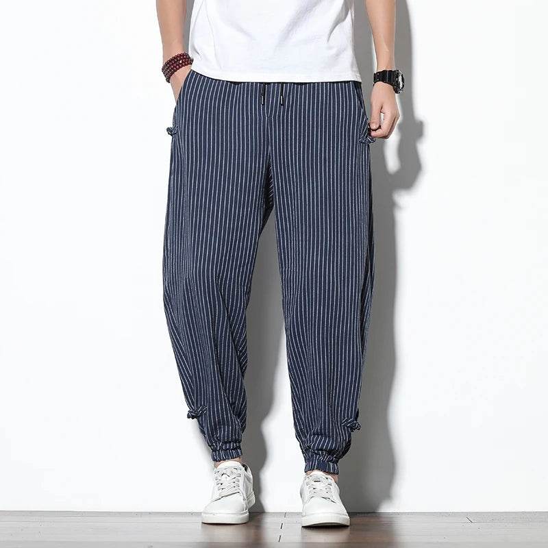 Four Seasons Men Disc Buckle Striped Harem Pants Breathable Cotton Linen Pencil Pants Buckle Casual Bloomers Fashion Trousers - AIAZ