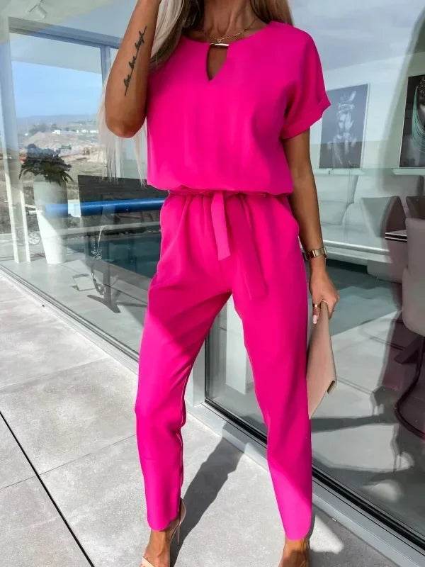 Jumpsuit Women 2023 Solid Color Short Sleeve V-neck Pocket Lace-up Pencil Long Pants Jumpsuits Summer Outfits Bodysuits - AIAZ