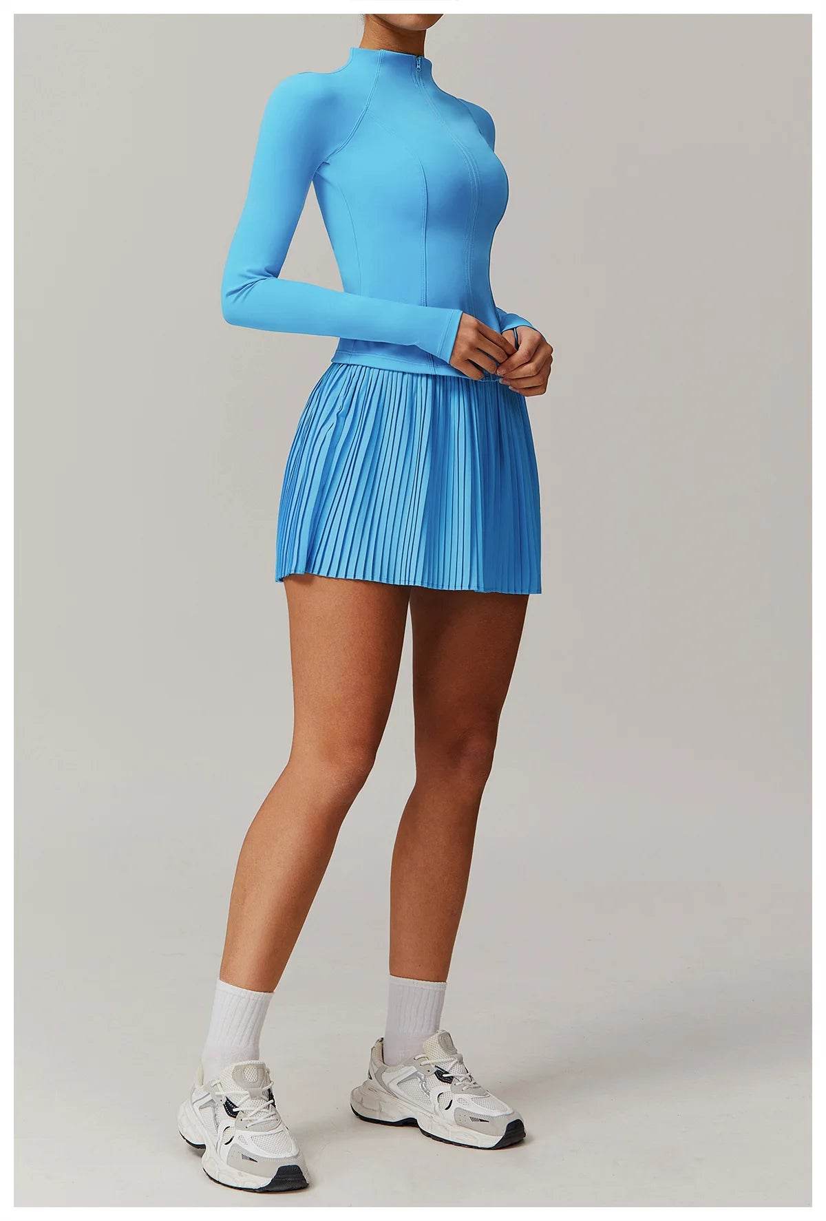 Yoga Sets Workout Sets for Women 2 Pieces Gym Suits Long Sleeved Outfits Zipper Fitness Jacket Running Short Skirt Sportswear - AIAZ