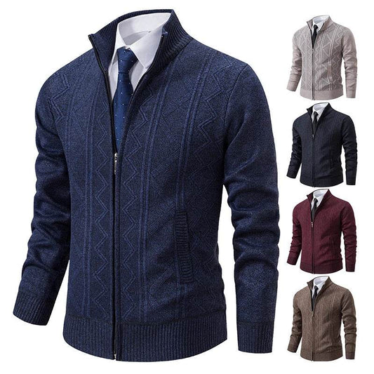 Thickened jacket men's autumn and winter warm trend line stand collar knitted cardigan sweater coat - AIAZ