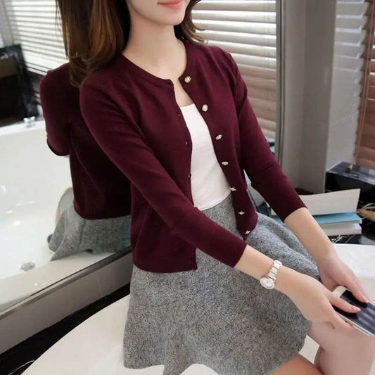 Cardigan Women's Thin Spring Autumn with Neck Slim-fit Shirt Short Top Solid Color Sweater Small Coat Cardigan White Cardigan - AIAZ