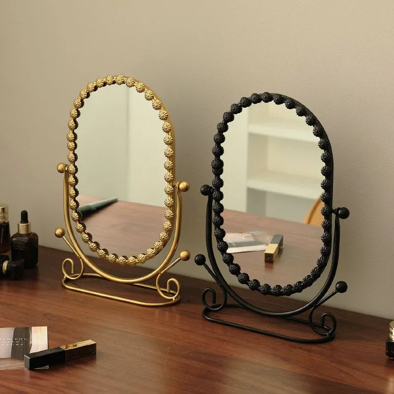 Light Luxury Wrought Iron Vertical Mirror Rotatable Retro Makeup Mirror Bedroom Vanity Mirror Desktop Ornament Photo Props