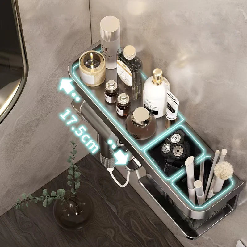 Hair Dryer Holder No punching Wall Mounted Bathroom Shelf Makeup Storage Organizer With Storage Box Aluminum Hair Dryer Rack