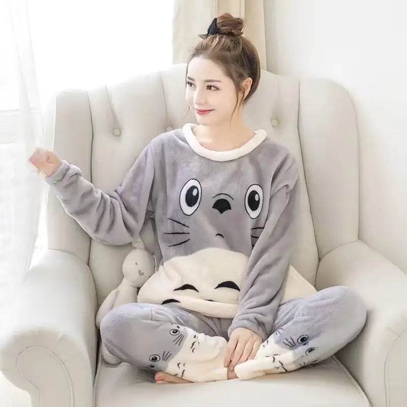 Women Pajamas Autumn Winter Flannel Warm Woman Sleepwear Korean cute Cartoon Pajama Set Fashion Pijama Mujer Home Cloth Pyjamas - AIAZ
