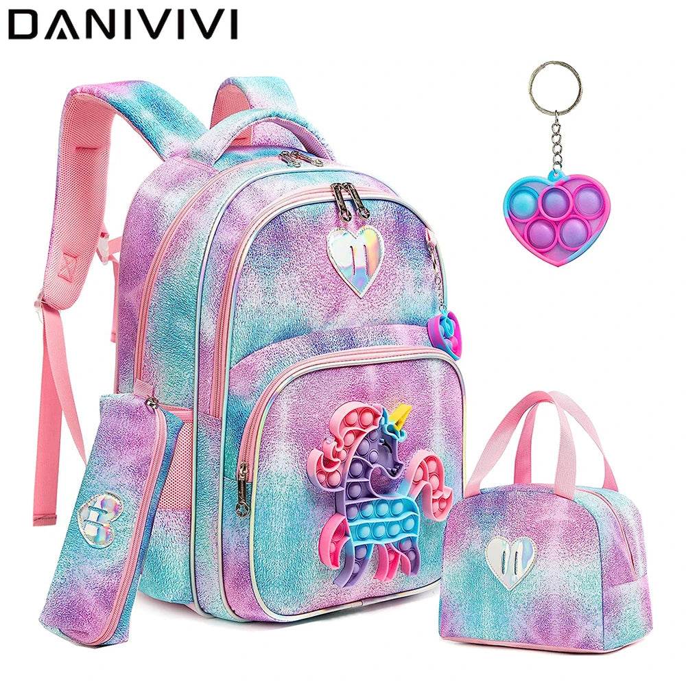 3pcs Kids Backpacks for Girls School Bag with Lunch Box Set Cute Bookbag for Primary School - AIAZ
