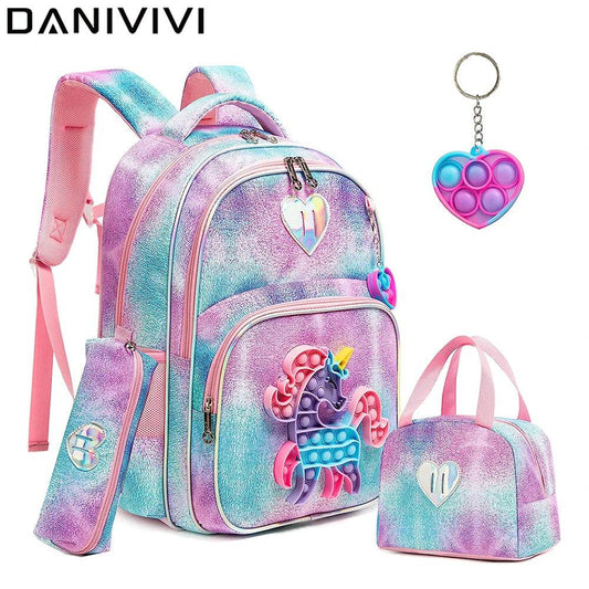 3pcs Kids Backpacks for Girls School Bag with Lunch Box Set Cute Bookbag for Primary School - AIAZ