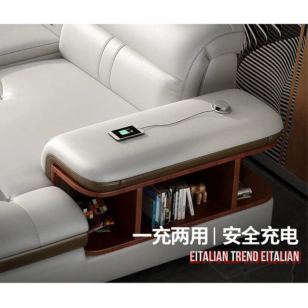 Modern L-Shaped Sectional Sofa with Chaise, Luxury Italian Genuine Leather Couch with adjustable headrest, Storage, USB, Console