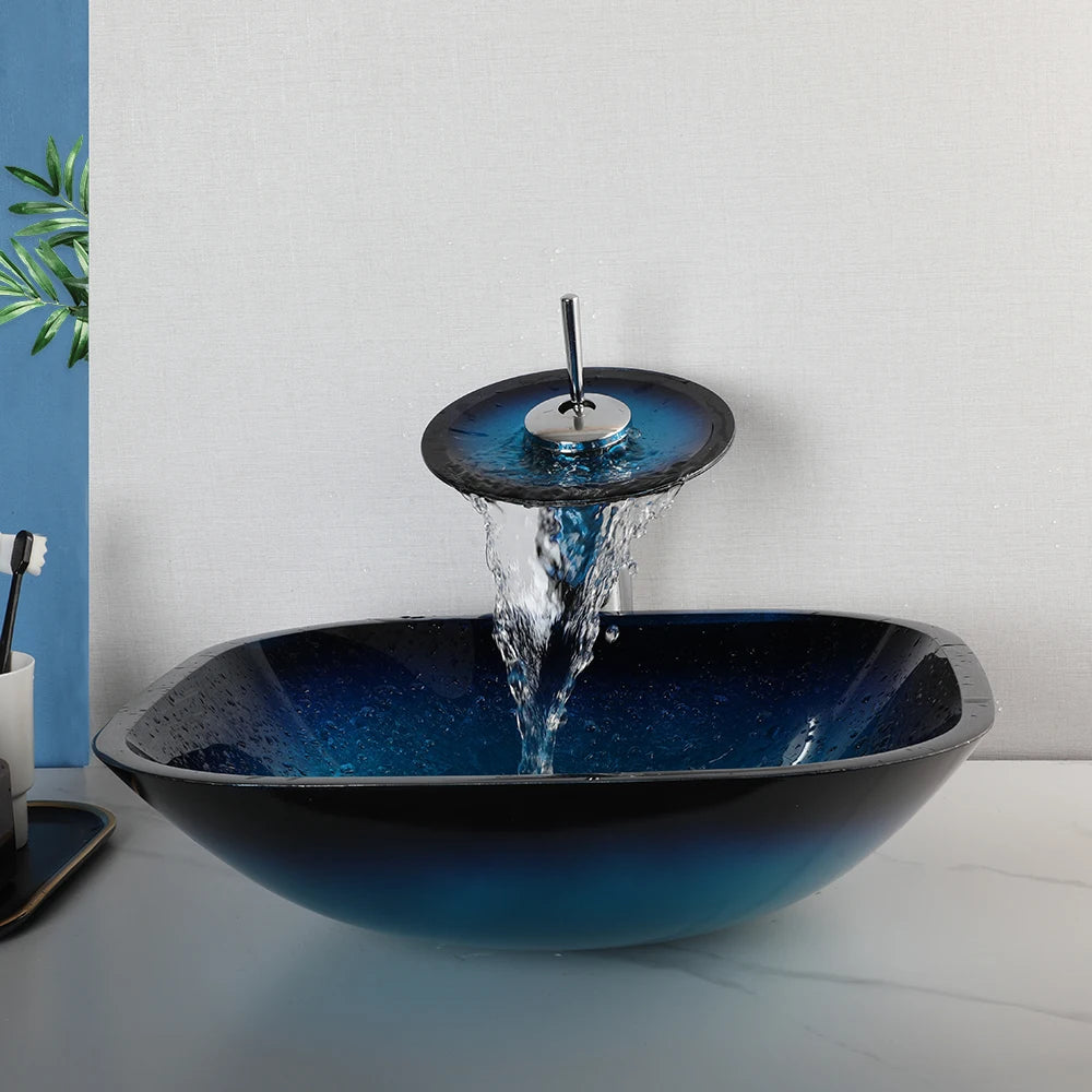 ZAPPO Tempered Glass Bathroom Vessel Sink with Waterfall Black Faucet Tap Bathroom Oval Blue Vessel Sinks Above Counter Basin