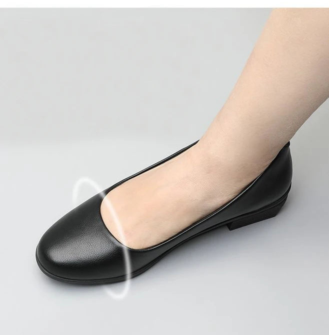 GKTINOO Black Leather Women's Work Shoes Pumps Thick Heels Round Head Shoes Soft Sole Professional Non-slip Hotel Work Shoes