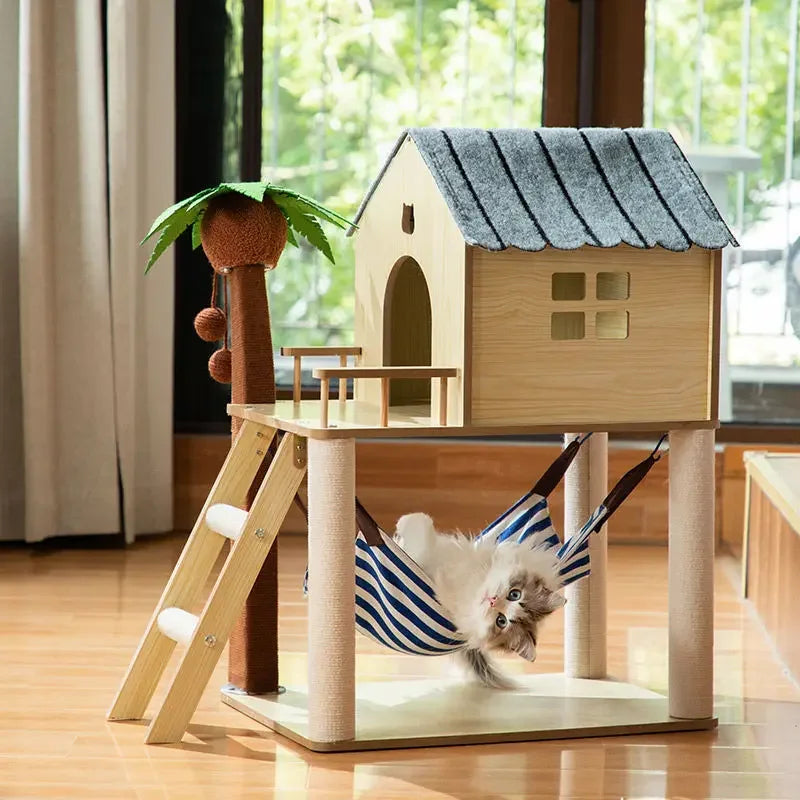Luxury Cat House Two-Storey Villa Pet Cat Beds Hammock Coconut Tree House Wooden Pet Condos With Stairway Cat Scratching Posts
