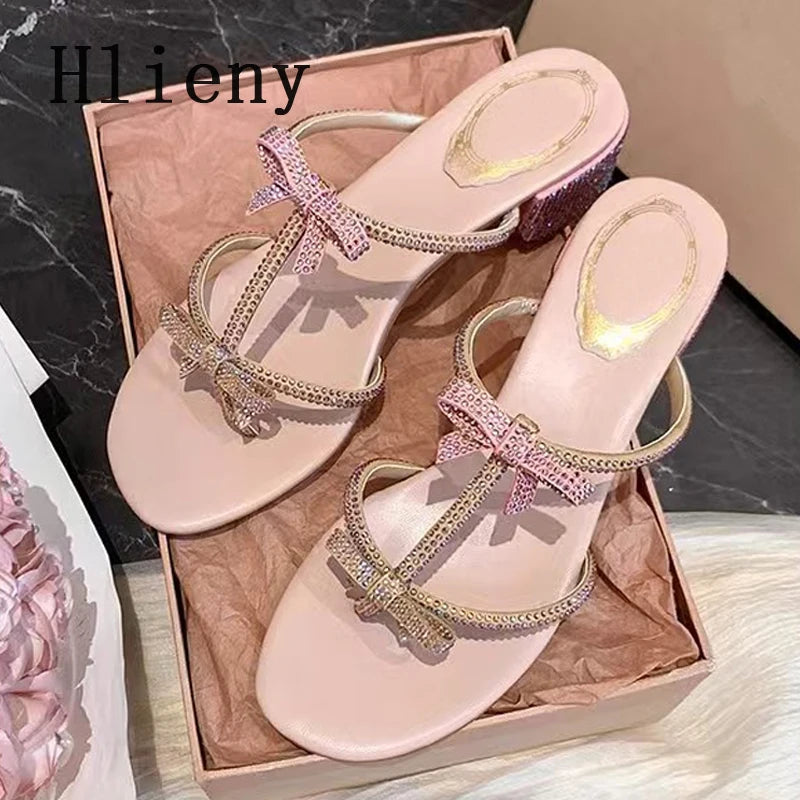Hlieny Silver Crystal Bowknot Slipper Summer Outdoor Sandal Women Square Low Heel Beach Slip On Flip Flop Slides Shoes Size 40
