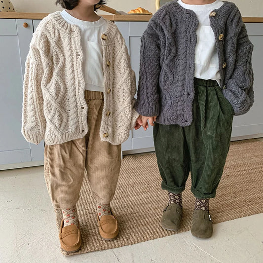 1 2 3 4 5 6 7 8 Years Girls Knitted Sweater Cardigan New Fashion Baby Coarse Wool Hemp Retro Cardigan Boys Coat Kids Clothes