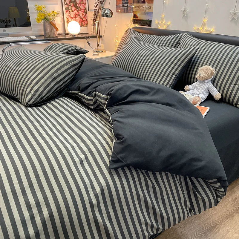 Nordic Plaid Pattern Wash Cotton Bedding Set Duvet Cover Pillowcase Bed Sheet Set Comforter Cover Bed Linens Set Queen King Size