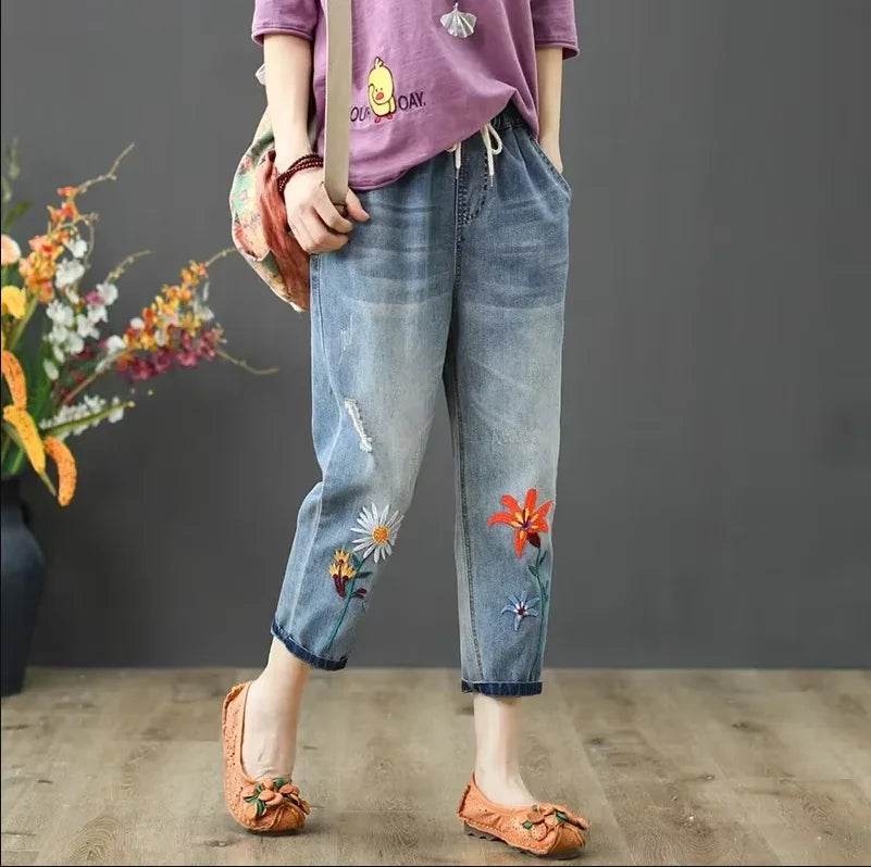 Womens Vintage Floral Loose Denim Pants 2025 Spring Chinese Style Casual Ripped Blue Jeans Holes Elastic Harem Trousers - AIAZ