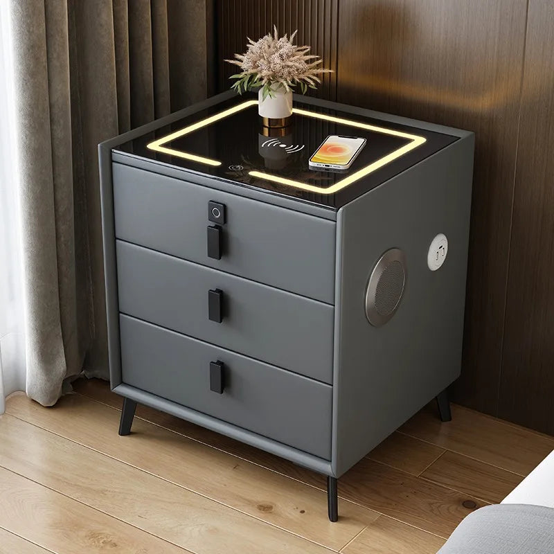 3 Drawers Smart Bedside Table with Wireless Charging Solid Wood Bedroom End Table with Fingerprints Lock Hotel Nightstands