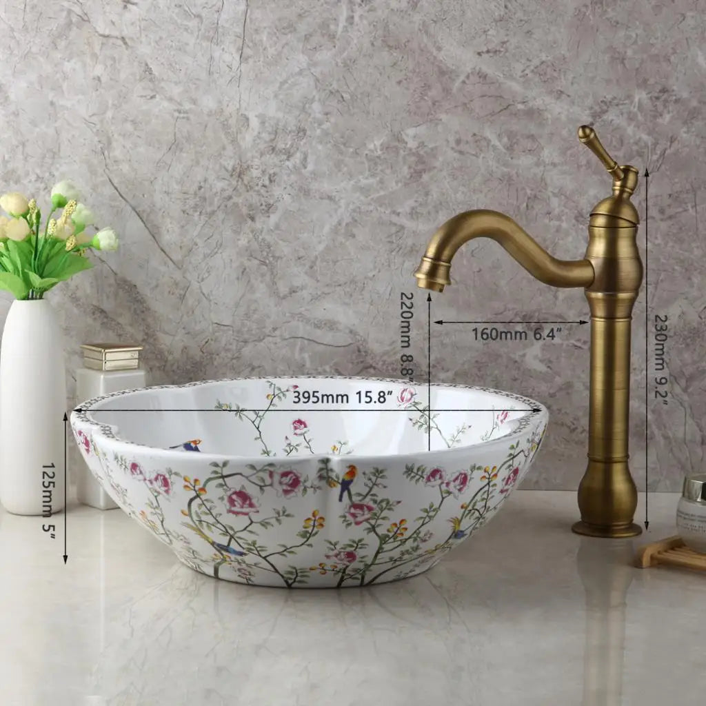 ZAPPO Above Counter Ceramic Vessel Sink For Bathroom Round Petal Shaped Flower & Bird Pattern Wash Basin Bowl Sinks With Faucet