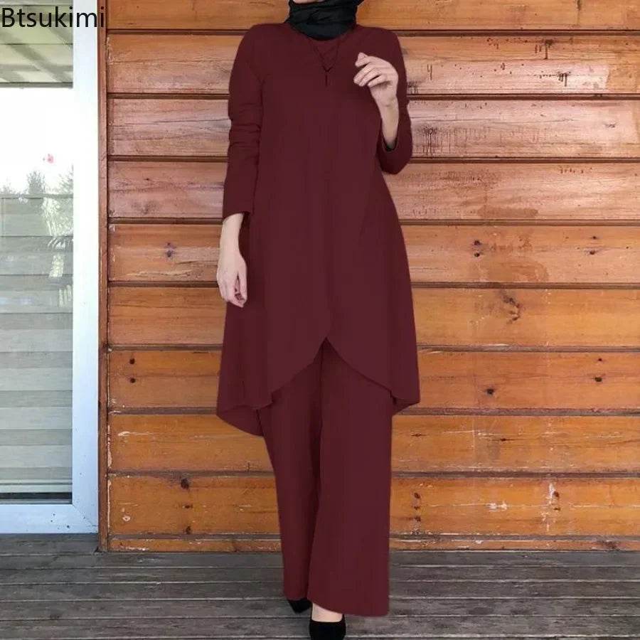2025 Women's Muslim Sets Fashion Asymmetrical Blouse with Wide Leg Pants Casual Suits Dubai Turkey Matching Sets Ladies Outfits - AIAZ