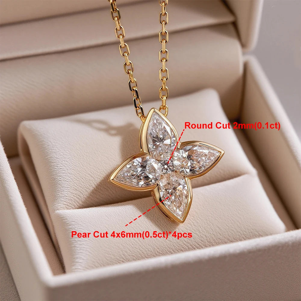 Bezel Set Full Moissanite Flower Pendant Necklace for Women Sparkling Pear Cut Diamond Pendant S925 Silver Wedding Party Jewelry