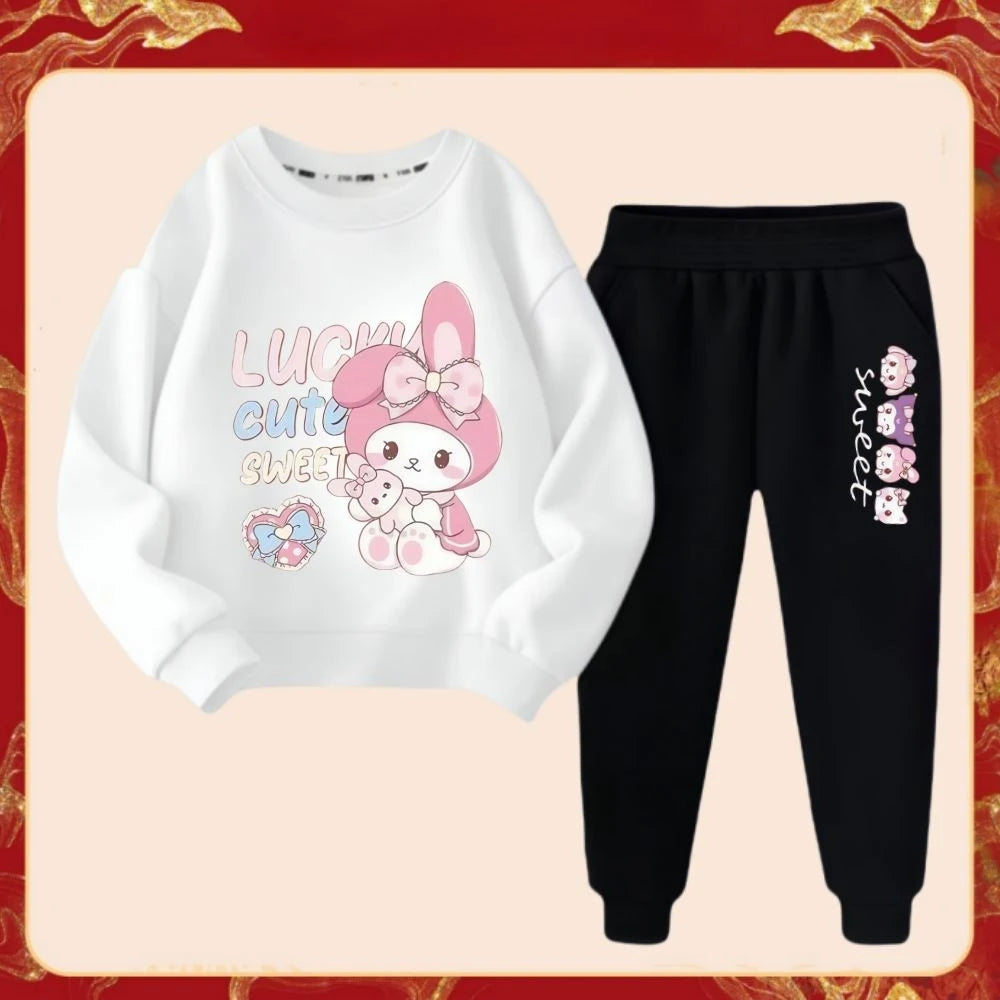 Spring Autumn Children's Sanrio Melody Print Clothes Sets Kids Kawaii Sweatershirts Pullover Tops & Pants 2Pcs Outfit Tracksuit