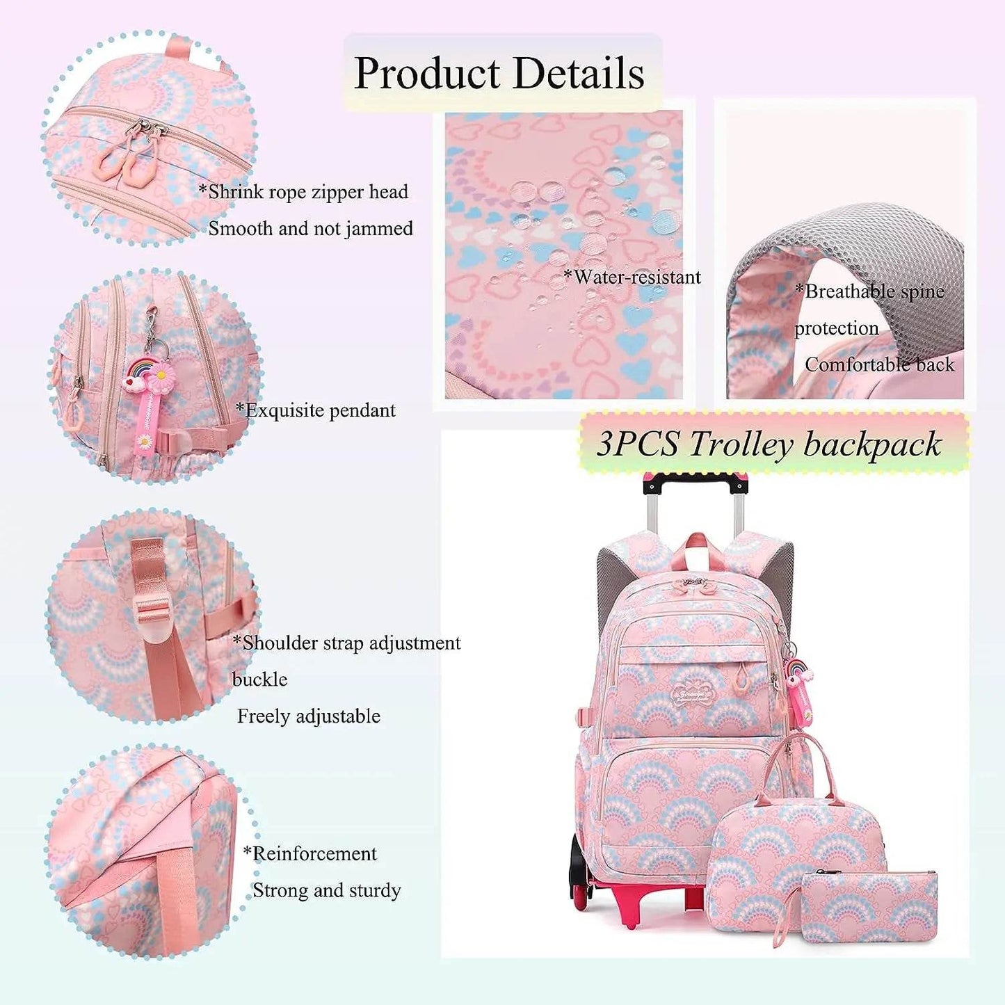 Rolling School Bags for Girls Backpack Children Waterproof School Backpacks with Wheels Middle School Trolley Luggage Back Pack - AIAZ