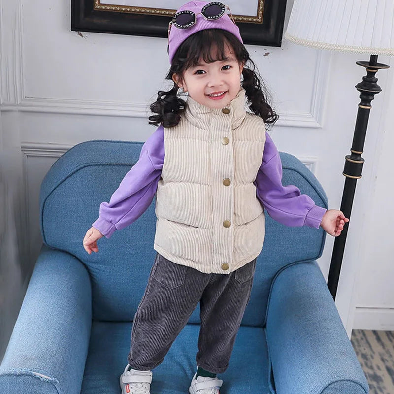 Children Autumn Winter Warm Vest Girls Casual Solid Color Jacket Boys Simple Fashion Collar Thickened Corduroy Waistcoat 2-10T