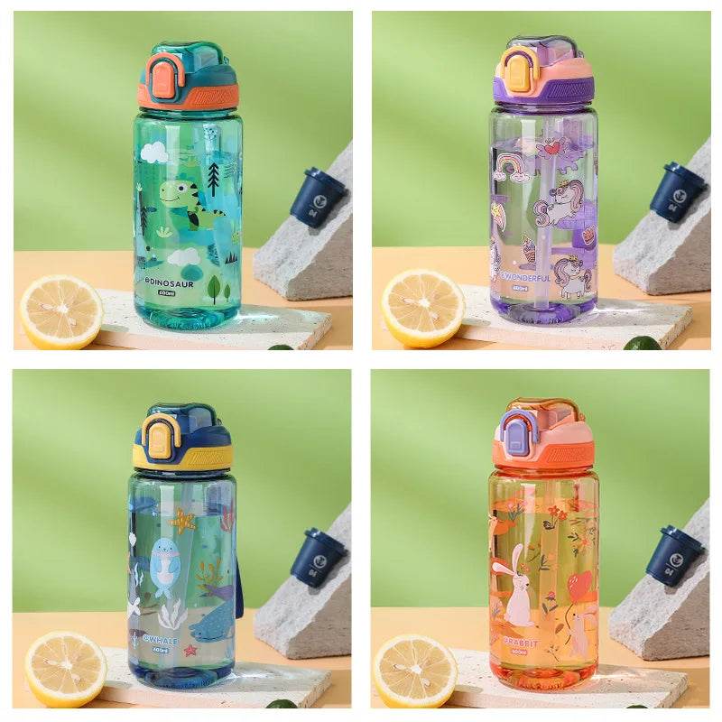 600ml Plastic Sports Water Bottles Cute Cartoon Children's Water Cup with Straw Leakproof Summer Outdoor Portable Kids Kettle - AIAZ