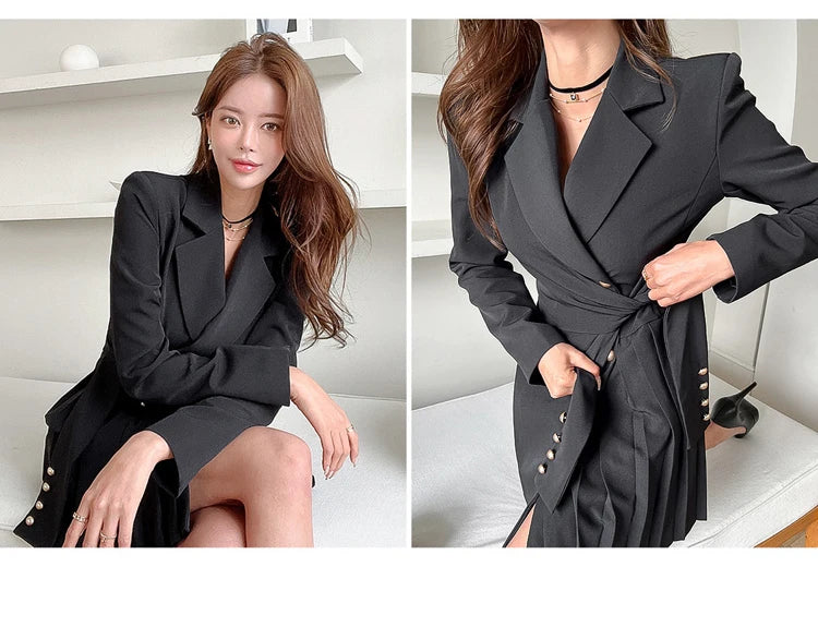 H Han Queen Autumn Winter Dresses Korean Lace-Up Professional Jacket Vestido Elegant Fashion Slim Office Party Casual Dress