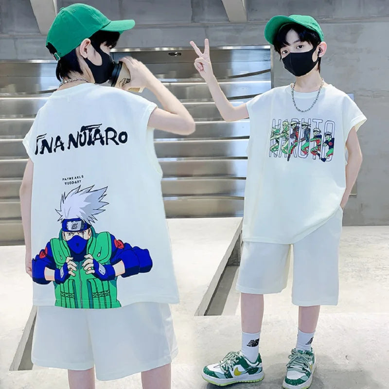 Summer Boys Cotton Sleeveless Cartoon T-Shirt Tops+Shorts Workout Sets School Kids 2PCS Tracksuit Children Jogging Outfit 5-16Yr