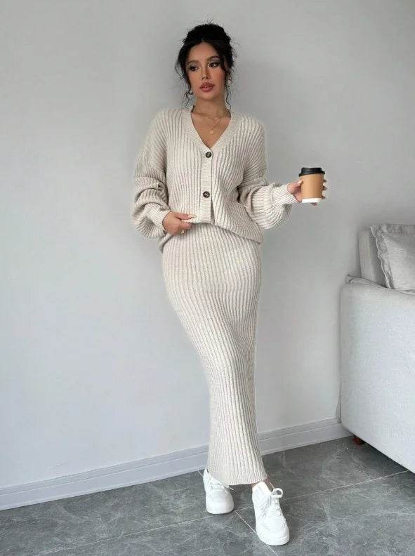 Women's Long Sleeved Jacket Sweater V-neck Cardigan Loose Two-piece Set Solid Color Knitted Hip Skirt Set - AIAZ