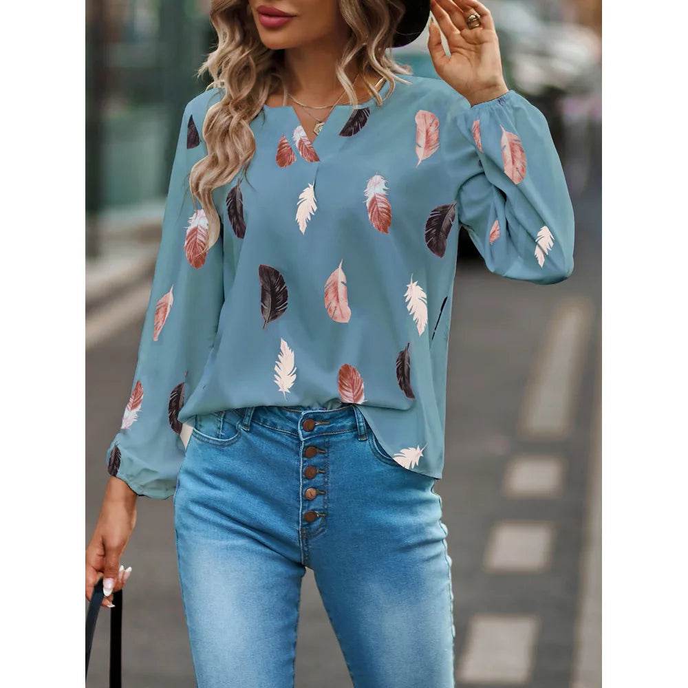 Fashion Woman Blouse Shirts For Women Stylish Top long Sleeve Feather Pattern Female Tops Elegant Chiffon Mujer Woman Clothes - AIAZ