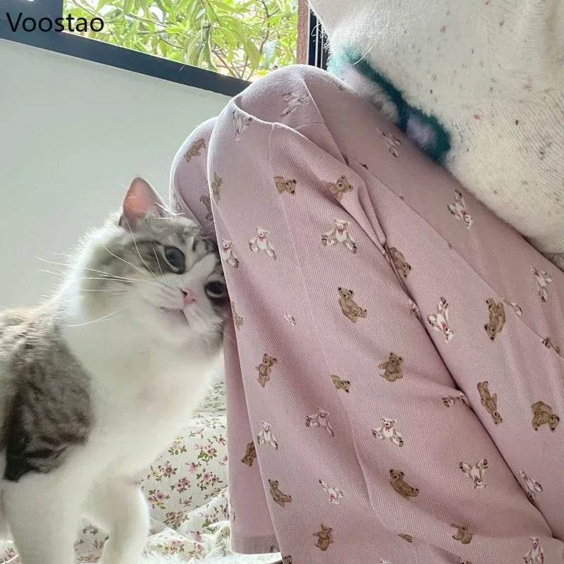 Pink Jeans Women Sweet Cute Cartoon Bear Print High Waist Wide Leg Pants Vintage Girls Casual Y2k Aesthetic Loose Denim Trousers - AIAZ