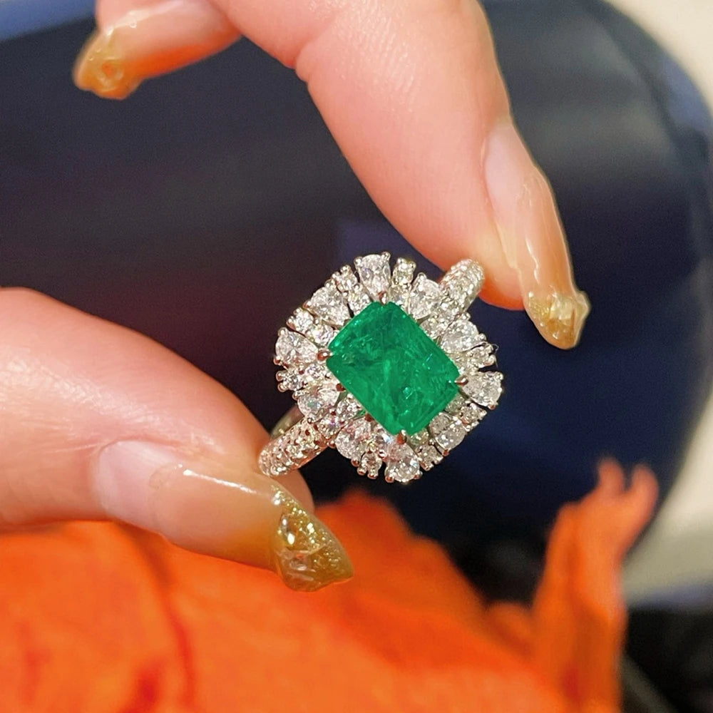 Wong Rain 925 Sterling Silver 2.2CT Emerald High Carbon Diamond Gemstone Engagement Ring for Women Fine Jewelry Anniversary Gift