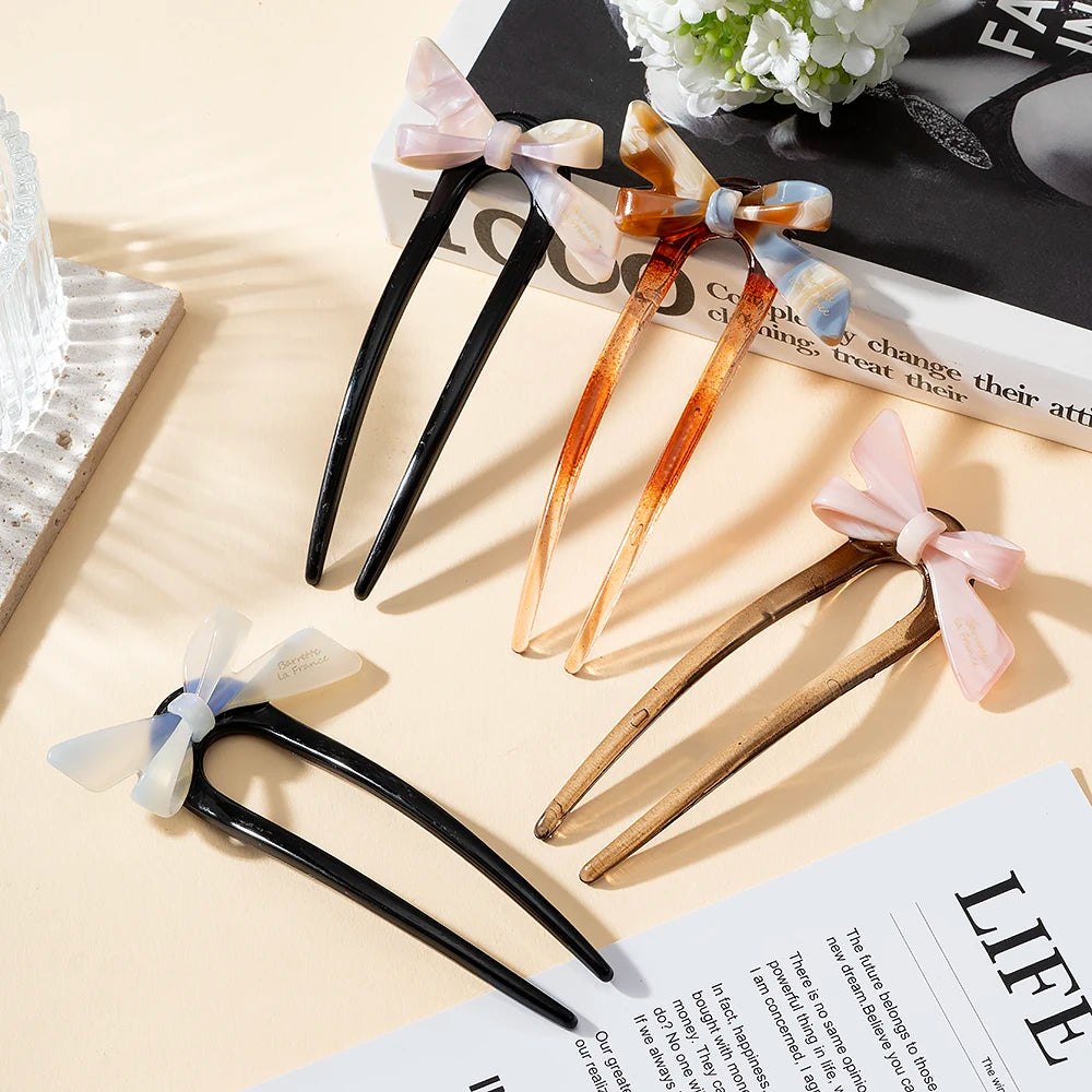New Acetate Bow U-Shaped Hair Sticks for Women Girls Acrylic Hair Fork Bun Sweet Trendy Hairpin HairStyling Hair Accessories