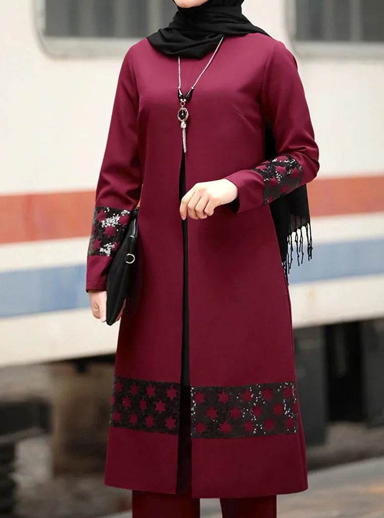 Islamic Ramadan Eid Muslim Dress Women 2 Piece Corset Suit Shirt Wide Leg Pants Dubai Abaya Lace Up Solid Color Kaftan Clothing - AIAZ