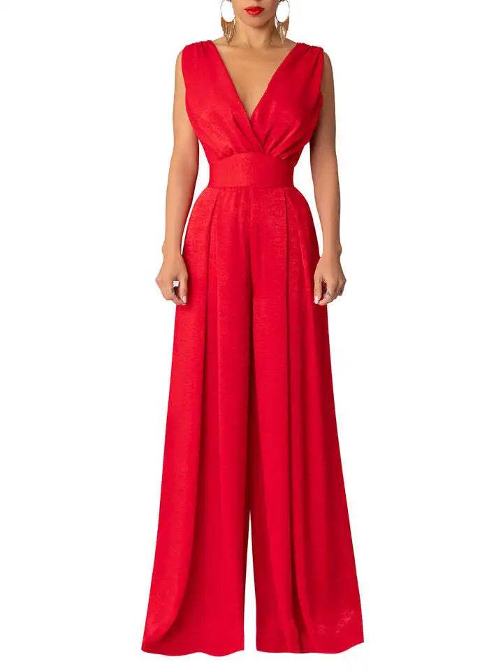 Jumpsuit Women Summer New Sleeveless Sexy Deep V-neck Solid Color High Waist Wide Leg Jumpsuits Elegant Commuting Lady Playsuits - AIAZ