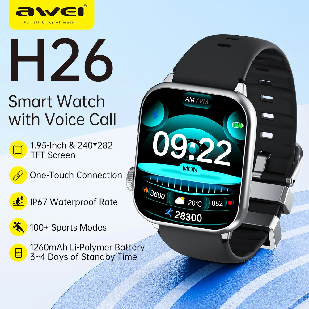 Awei H26 Smart Watch Men Answer Call 1.95inch Fitness Sport Tracker Bracelet Calculator Women Smartwatch Gift for Apple Android
